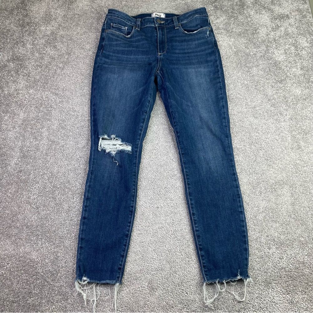 Paige Jeans Women's 30 Blue Skinny Mid-Rise Dark Denim Verdugo Ankle Distressed